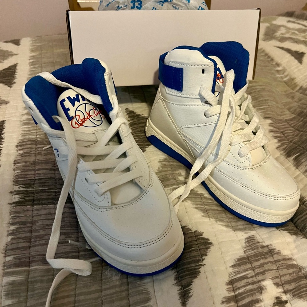 Kids Patrick Ewing White and Blue High-Top Sneakers